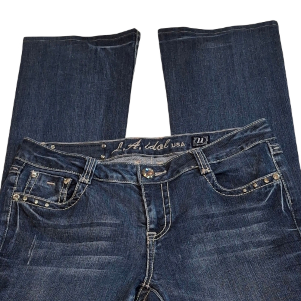 LA Idol USA Embellished Denim Stretch Blue Bootleg Jeans    Size 11 (W33 L34) - Picture 3 of 16